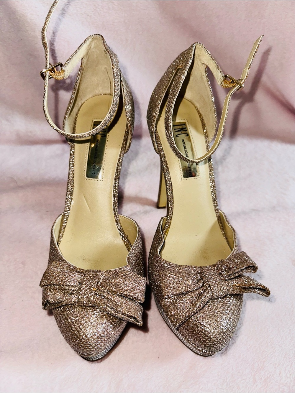 INC International Concepts Glitter Bow Ankle-Strap Pumps - Gold